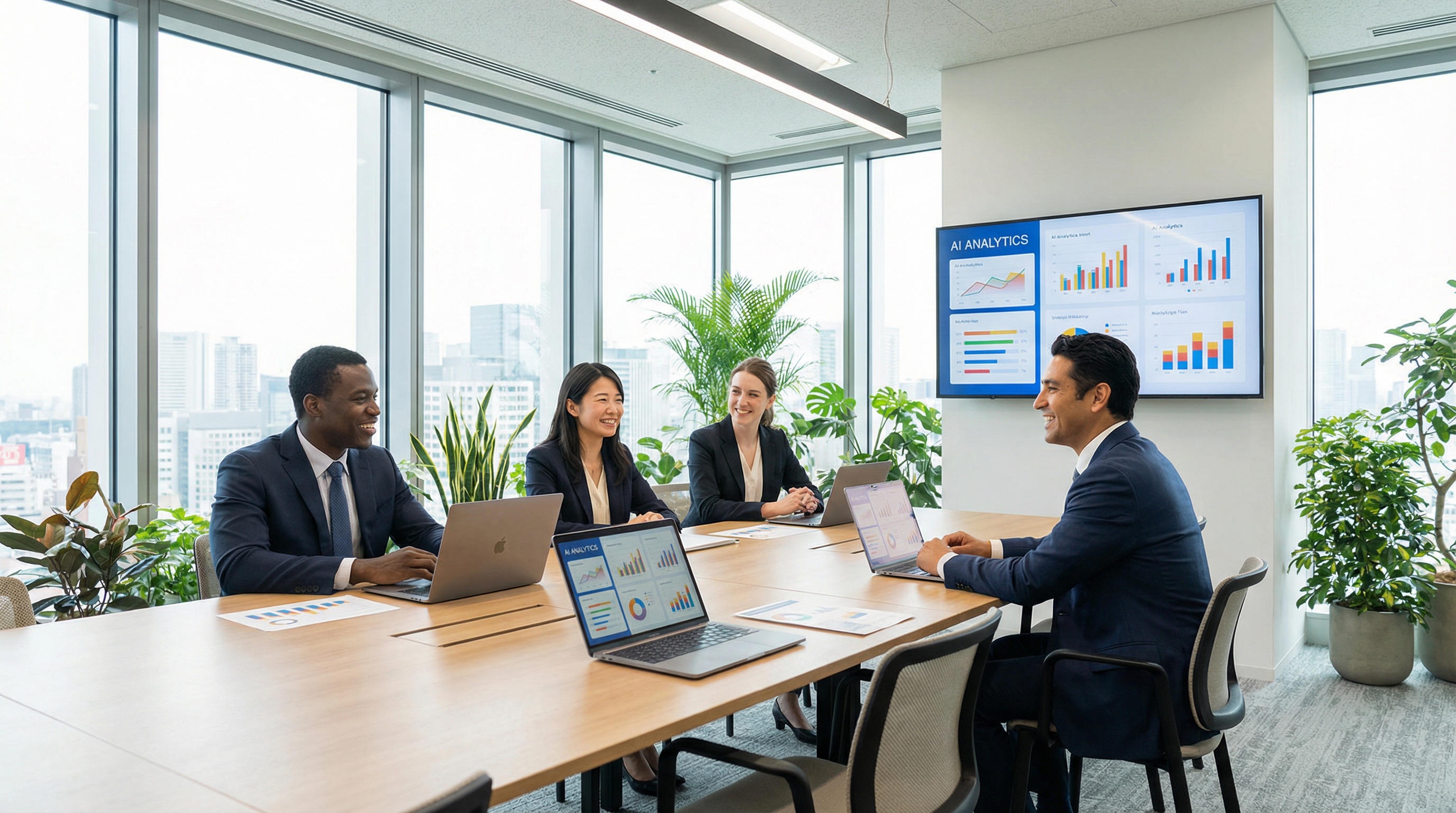 Happy productive team working with AI technology