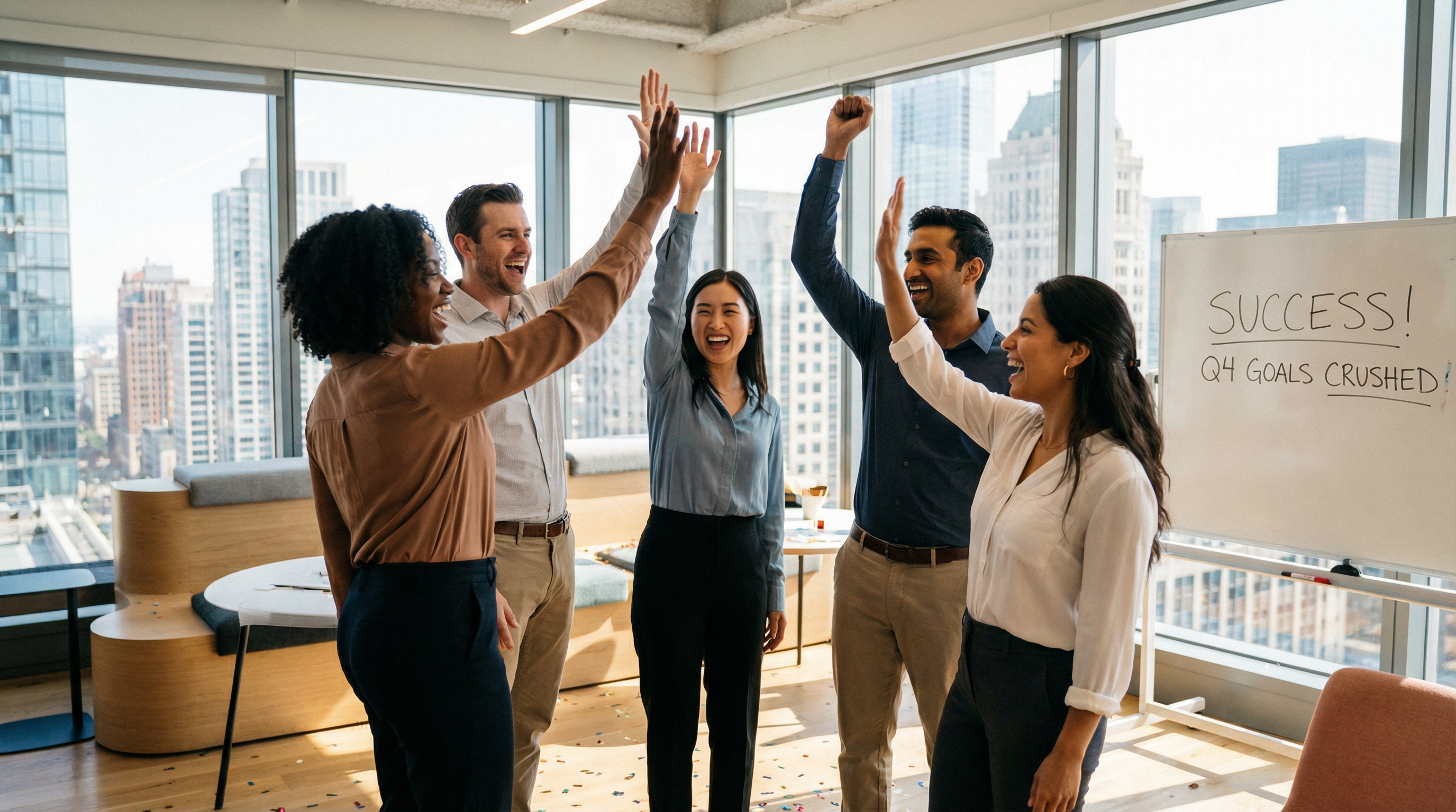 Successful business owner with happy productive team